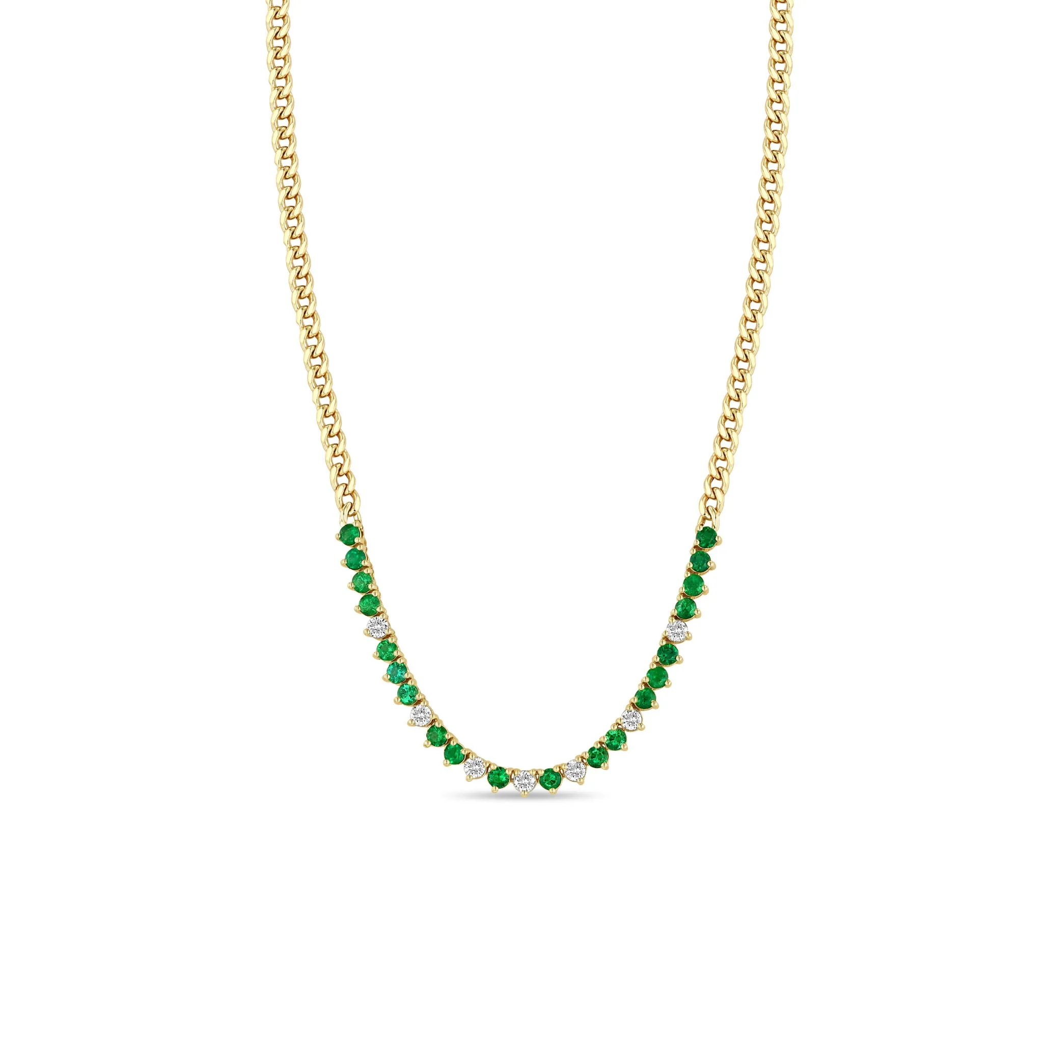 14k Emerald & Diamond Tennis Segment Small Curb Chain Necklace