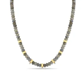 14k Gold & Labradorite Rondelle Bead Necklace with 3 Prong Diamonds