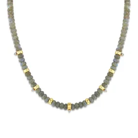 14k Gold & Labradorite Rondelle Bead Necklace with 5 Prong Diamonds