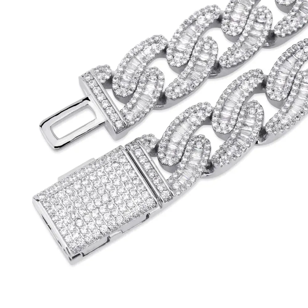 14mm Baguette Cuban Link Bracelet in White Gold