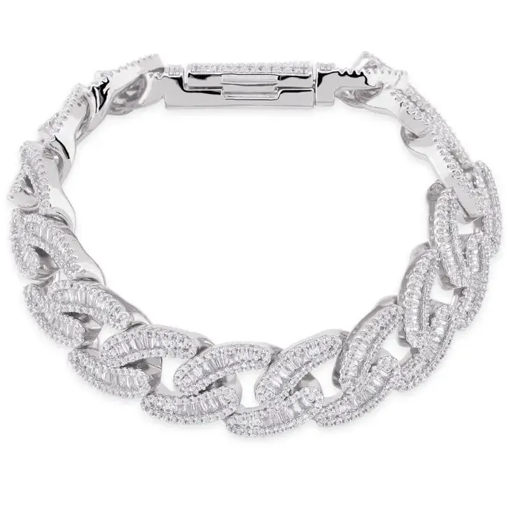 14mm Baguette Cuban Link Bracelet in White Gold