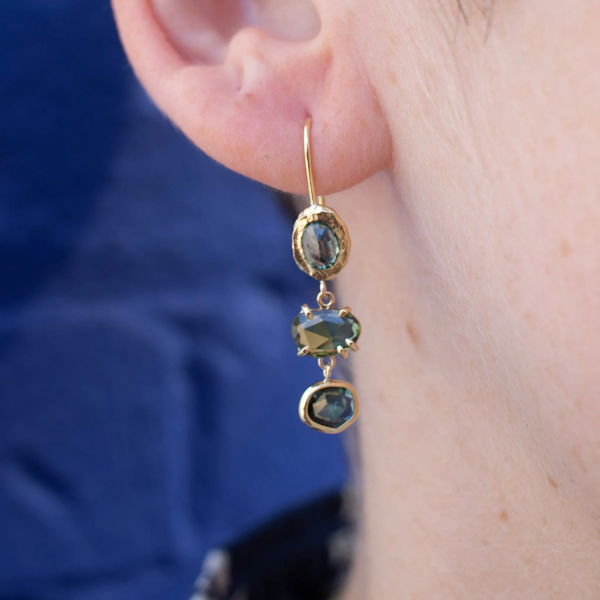 18K Triple Drop Earring in Green Sapphire