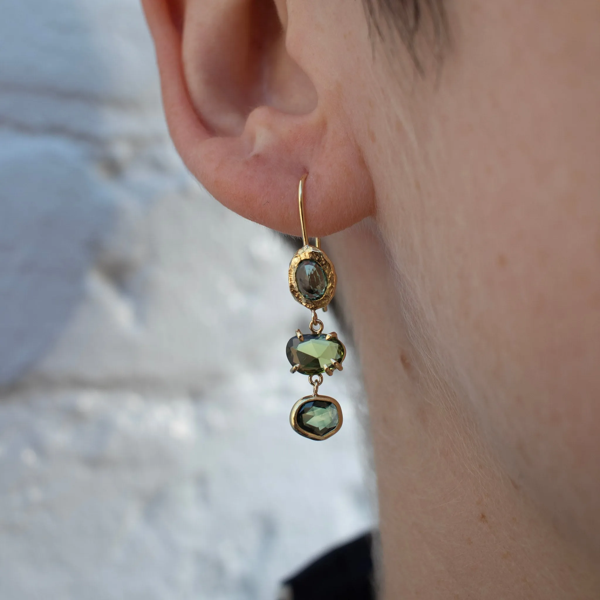 18K Triple Drop Earring in Green Sapphire