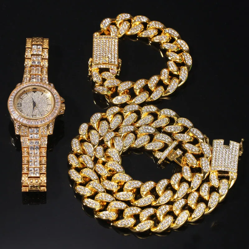 20mm Iced Out Cuban Necklace   Bracelet   Watch Set