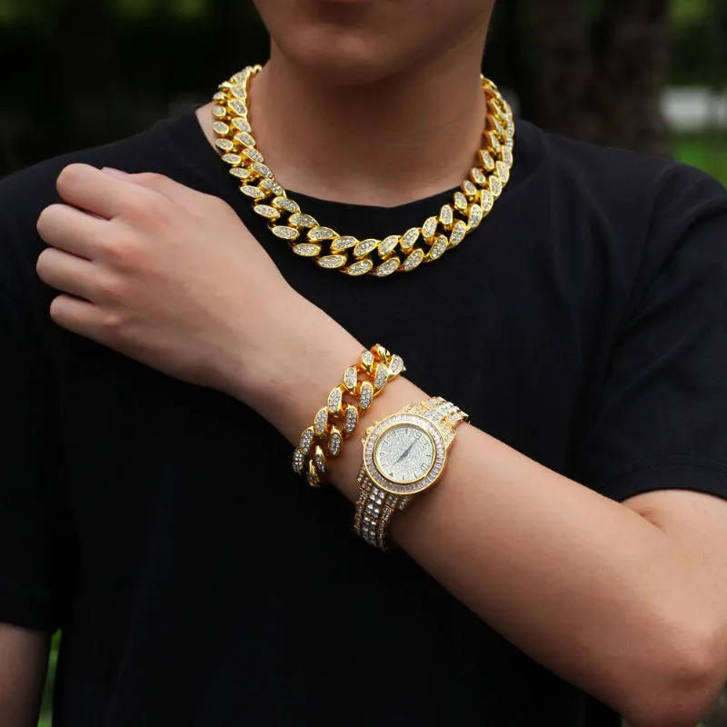 20mm Iced Out Cuban Necklace   Bracelet   Watch Set