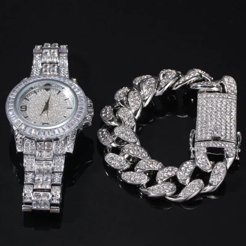 20mm Iced Out Cuban Necklace   Bracelet   Watch Set