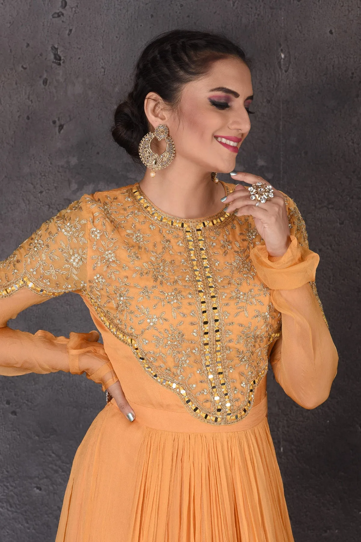 502845 Light Orange Mirror Embroidery Anarkali Suit with Dupatta