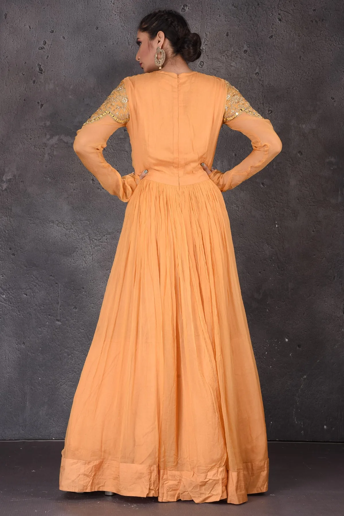 502845 Light Orange Mirror Embroidery Anarkali Suit with Dupatta