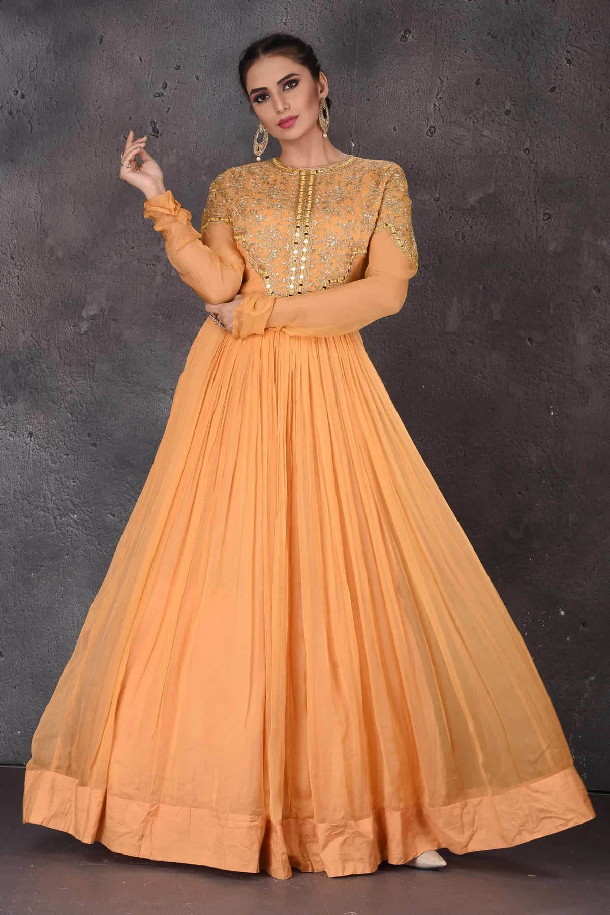 502845 Light Orange Mirror Embroidery Anarkali Suit with Dupatta