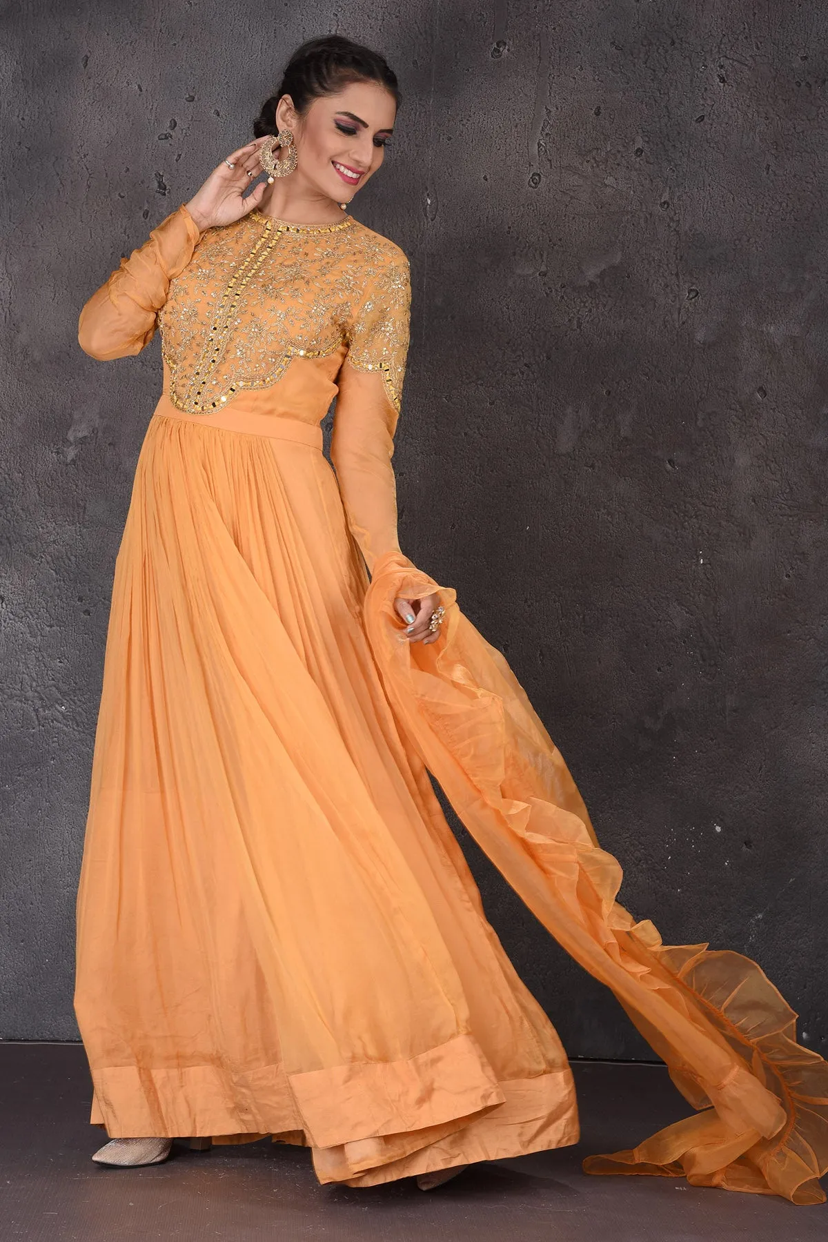 502845 Light Orange Mirror Embroidery Anarkali Suit with Dupatta