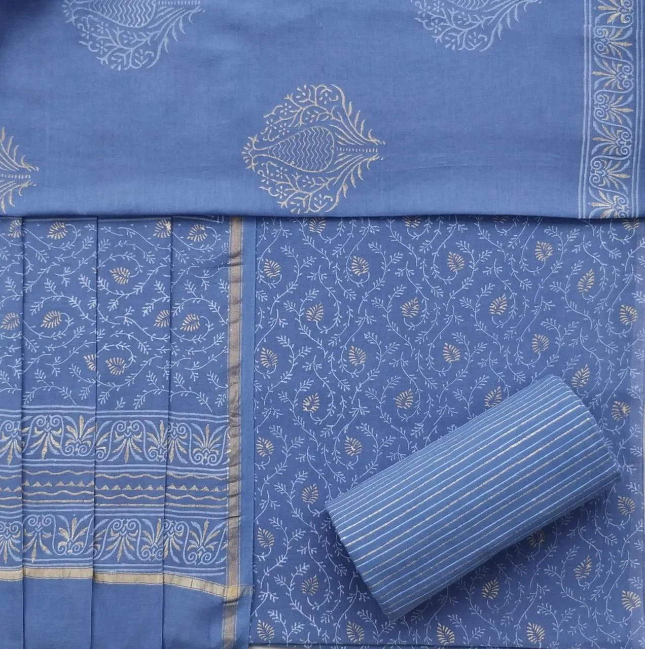 Appealing Hand Block Print Chanderi Silk Suit Set (TCHA527)