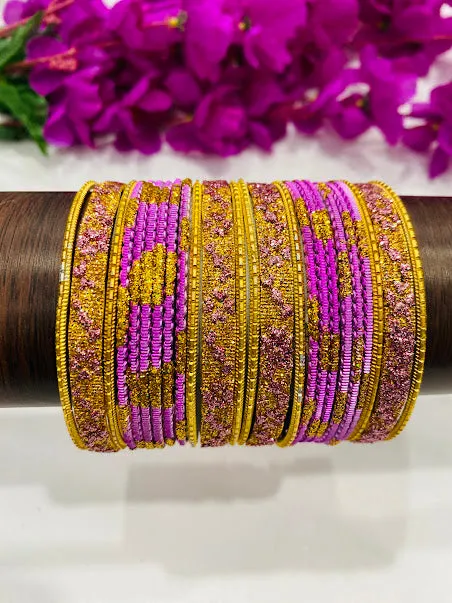 Attractive Pink Color With Gold Metal Bangle Set For Women