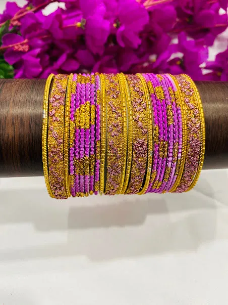 Attractive Pink Color With Gold Metal Bangle Set For Women