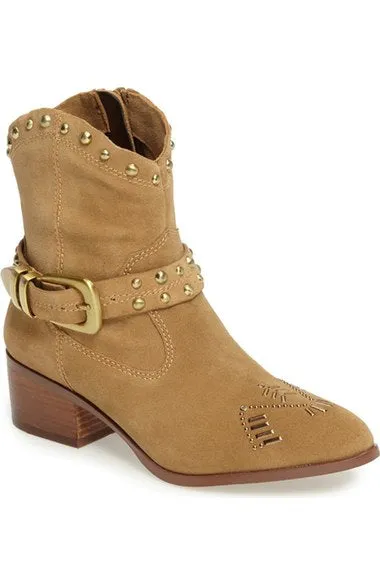 BCBG Lokki Cowboy Ankle Bootie Nude Suede Western Cowgirls Studded Buckle Boots