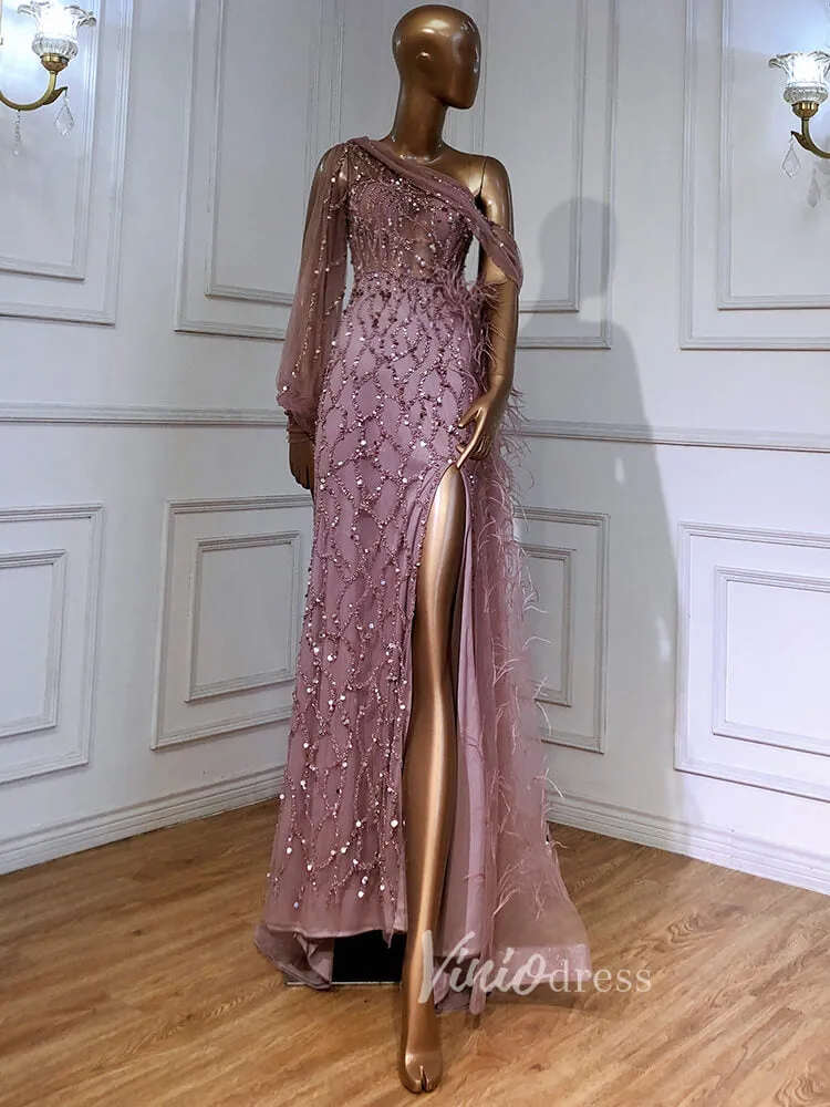 Beaded Mauve Feather Prom Dressses One Shoulder Long Sleeve Green Evening Dress 20009