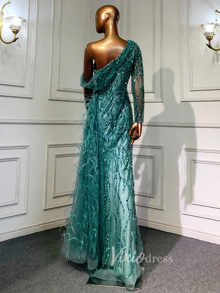 Beaded Mauve Feather Prom Dressses One Shoulder Long Sleeve Green Evening Dress 20009