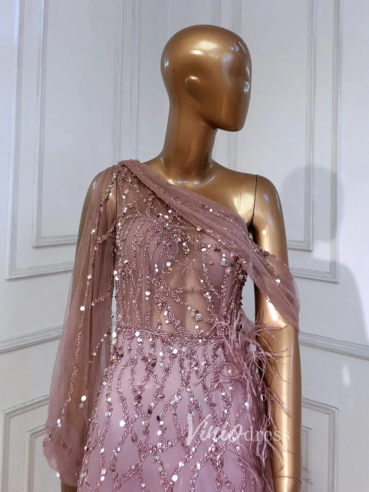 Beaded Mauve Feather Prom Dressses One Shoulder Long Sleeve Green Evening Dress 20009