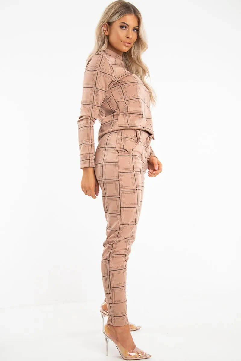 Beige Check Sweatshirt Joggers Loungewear Set - Mica