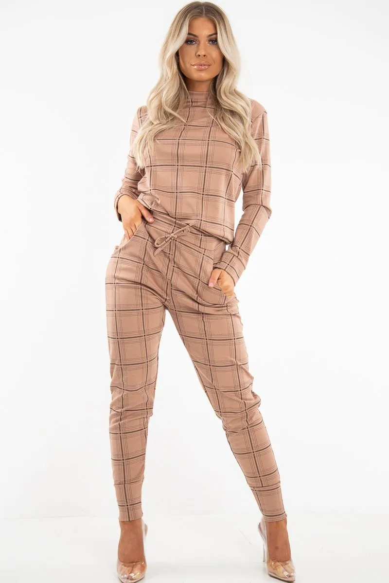 Beige Check Sweatshirt Joggers Loungewear Set - Mica