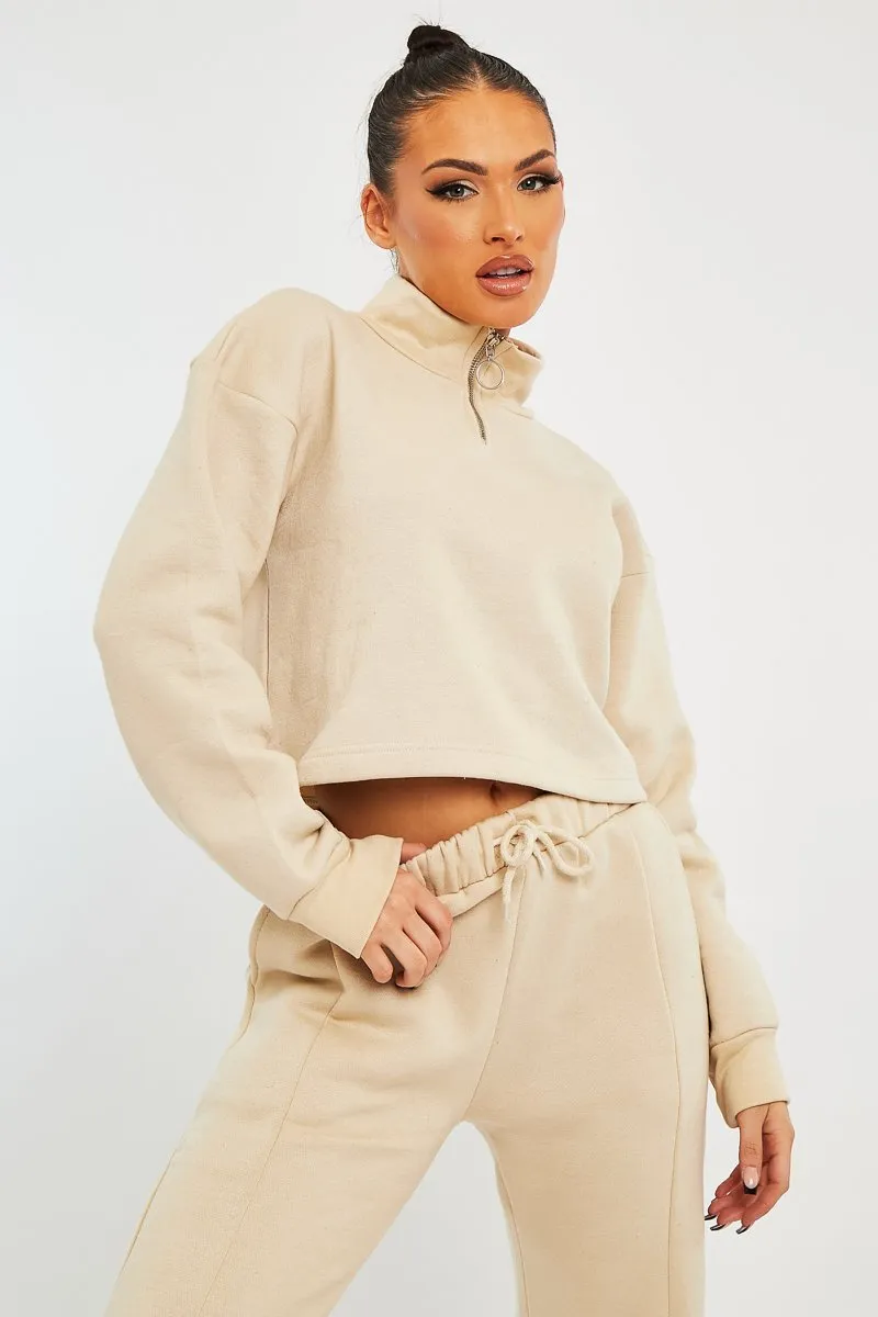 Beige Ring Zip Front High Neck Sweatshirt - Maggi