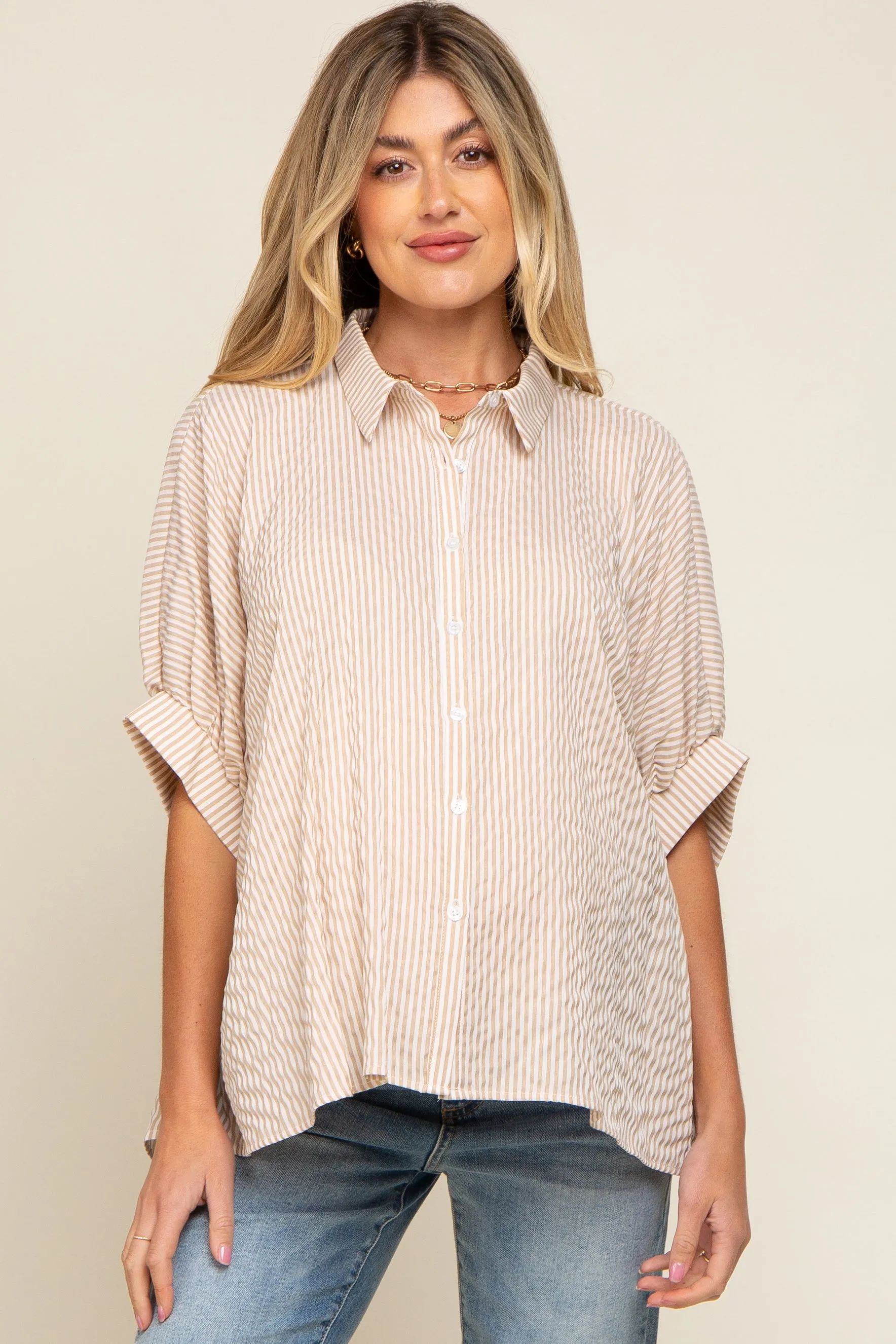 Beige Striped Dolman Button Down Maternity Top