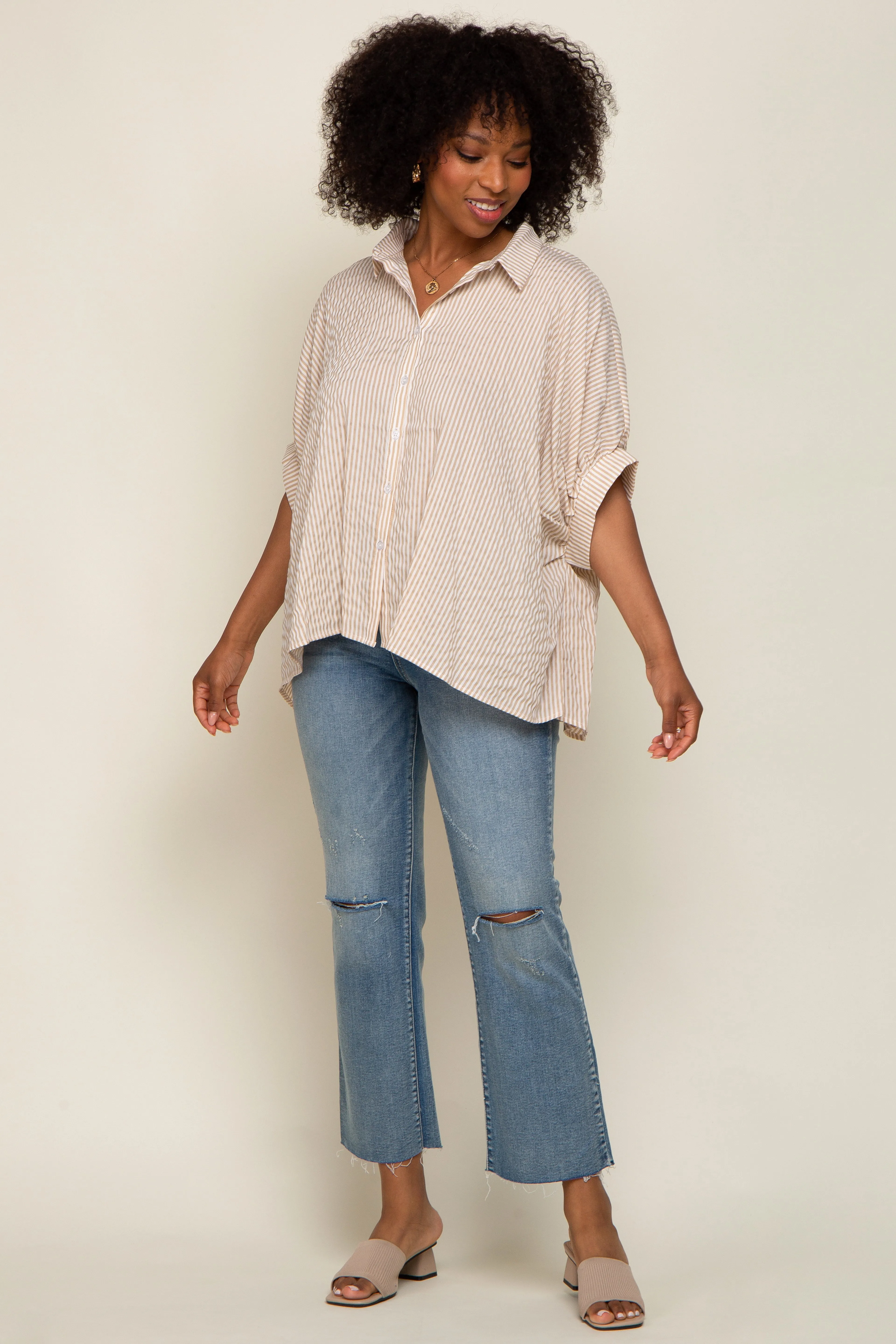 Beige Striped Dolman Button Down Maternity Top