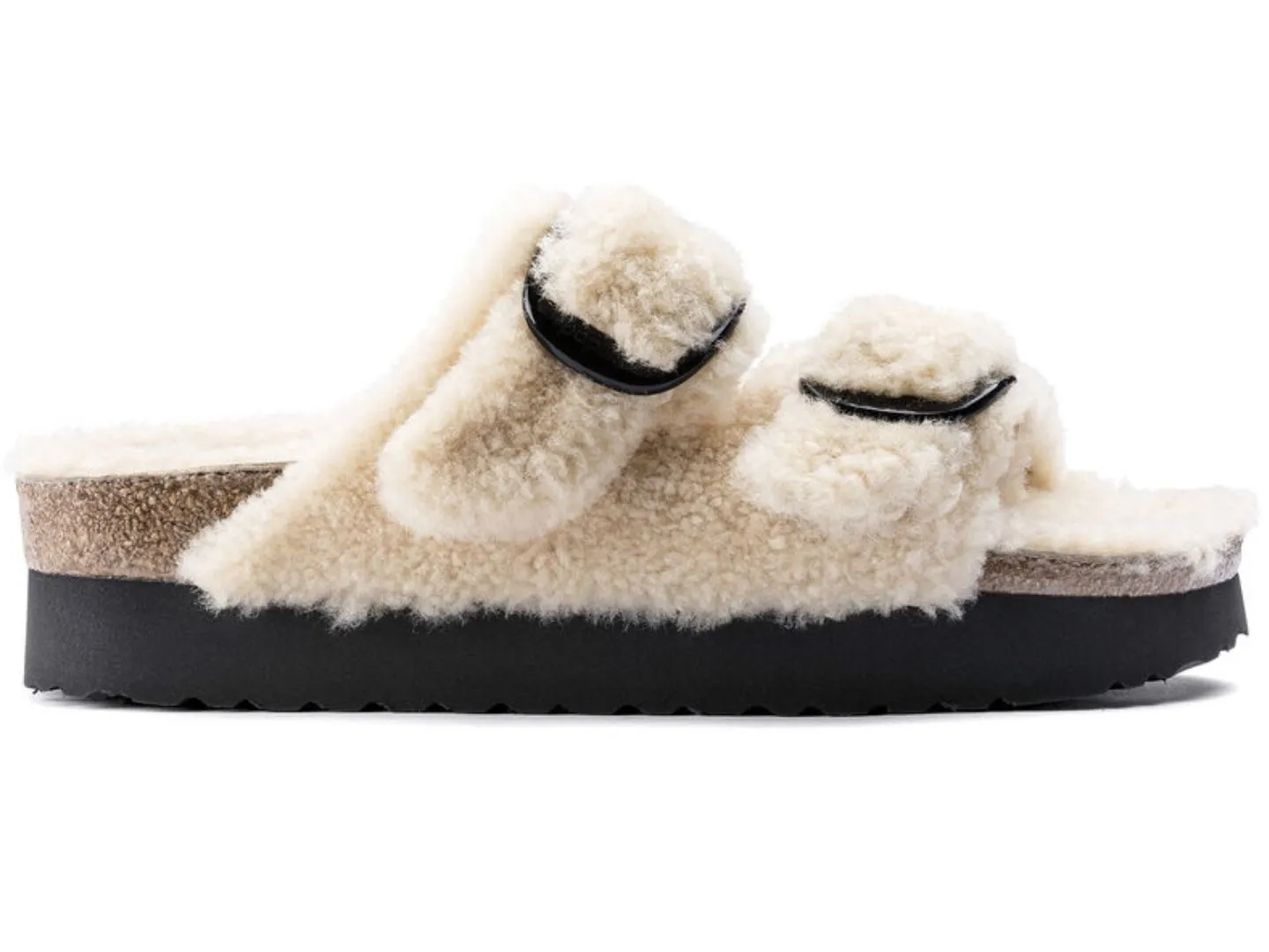 Birkenstock: Arizona Platform Big Buckle in Teddy Eggshell Shearling