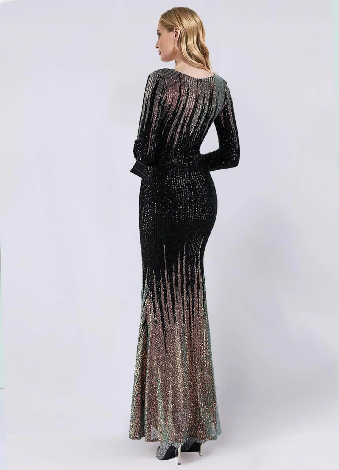 Black Sequin Long Sleeve V-Neck Floor Length Formal Gown For Party