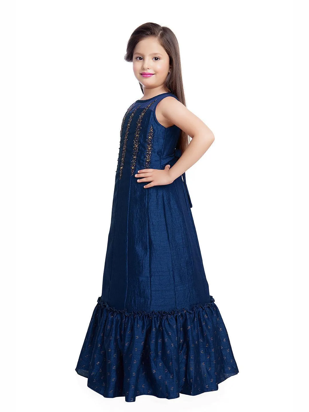 Blue Embellished Hand Work Ethnic Gown For Girls