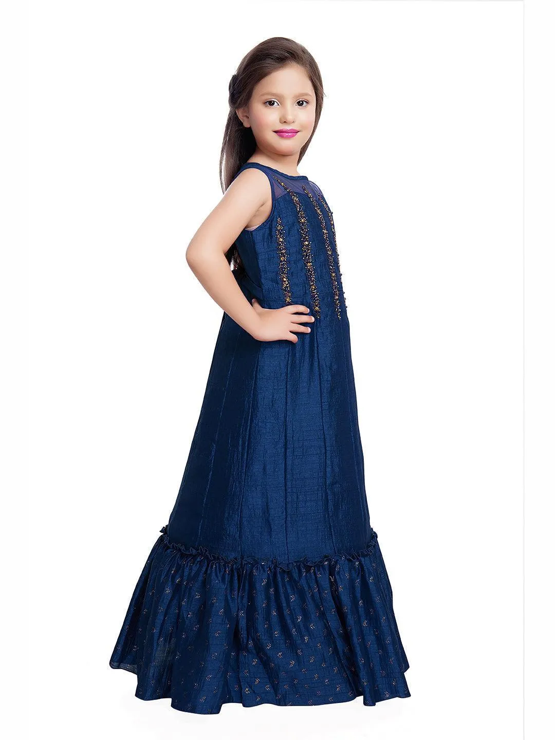 Blue Embellished Hand Work Ethnic Gown For Girls