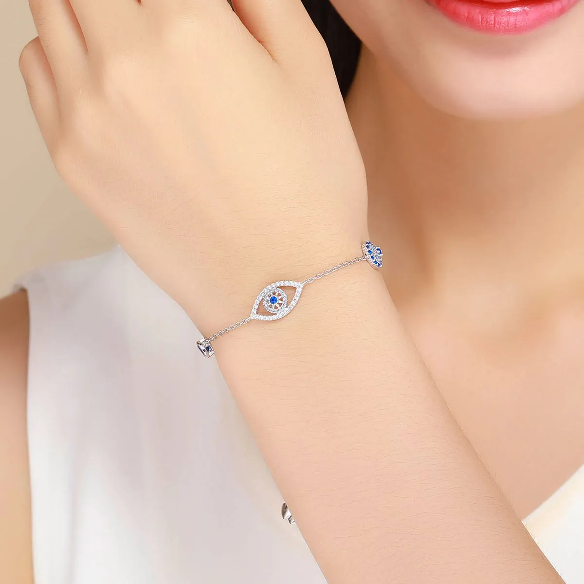 Blue Evil Eye Bracelet Sterling Silver