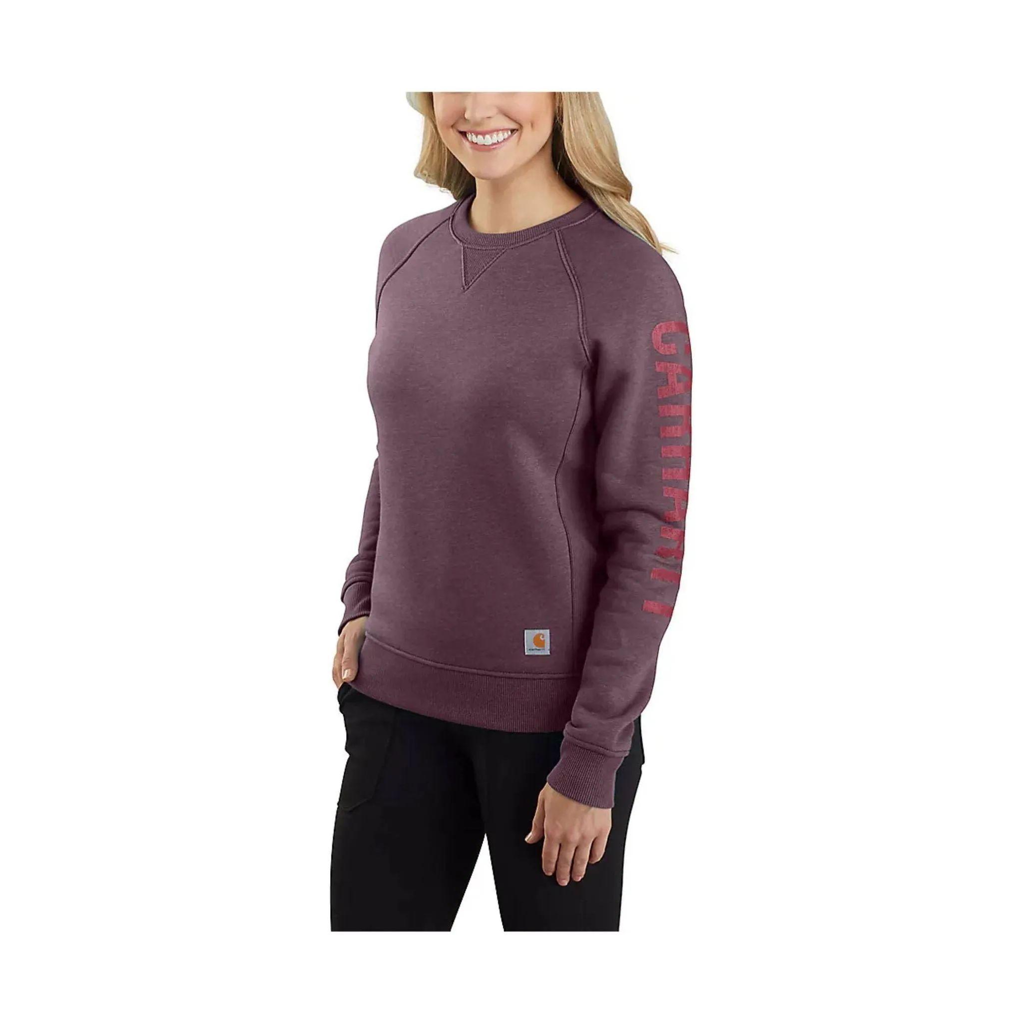 Carhartt Women's Relaxed Fit Midweight Crewneck Logo Sleeve Graphic Sweatshirt - Blackberry Heather