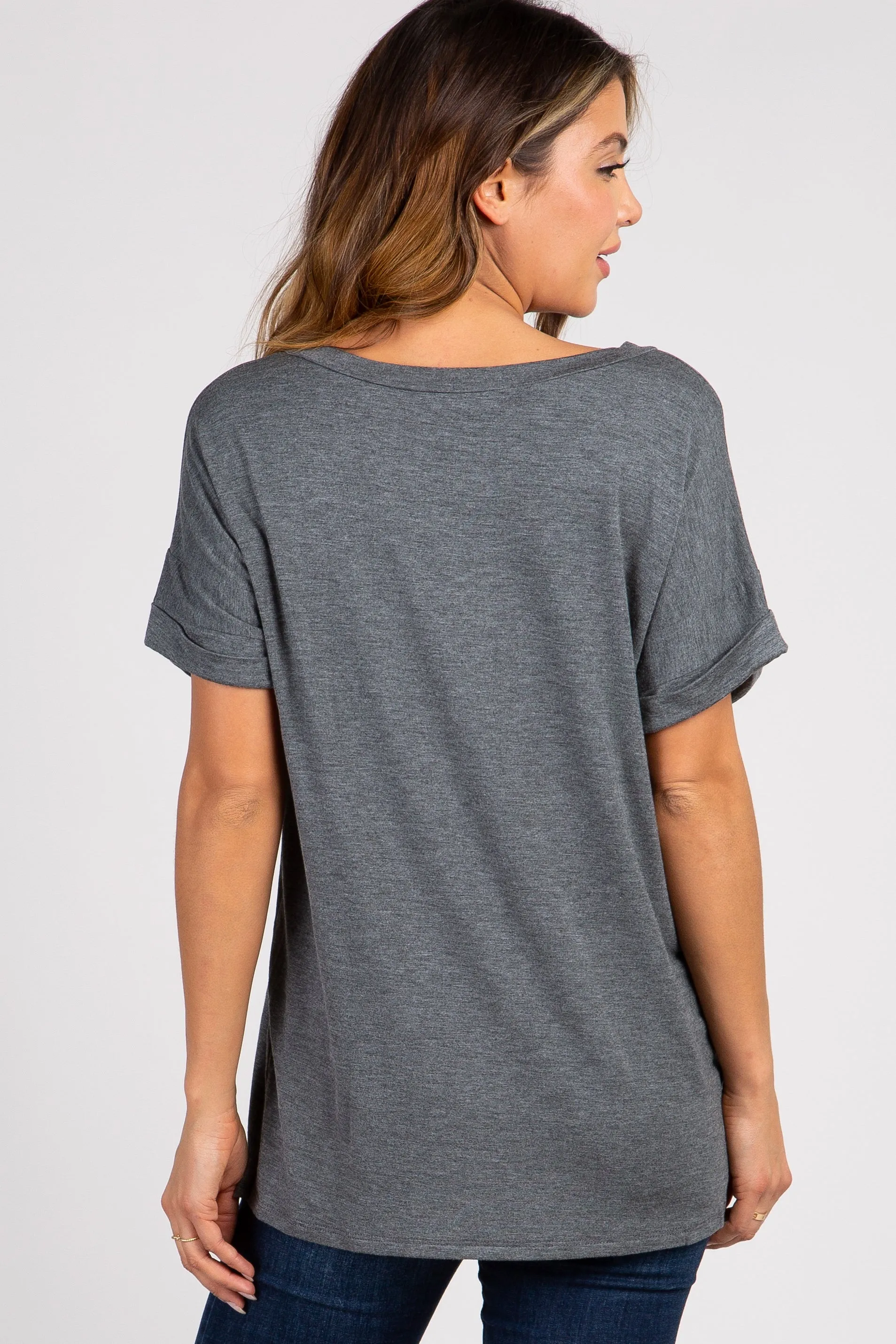 Charcoal V-Neck Pocket Accent Top