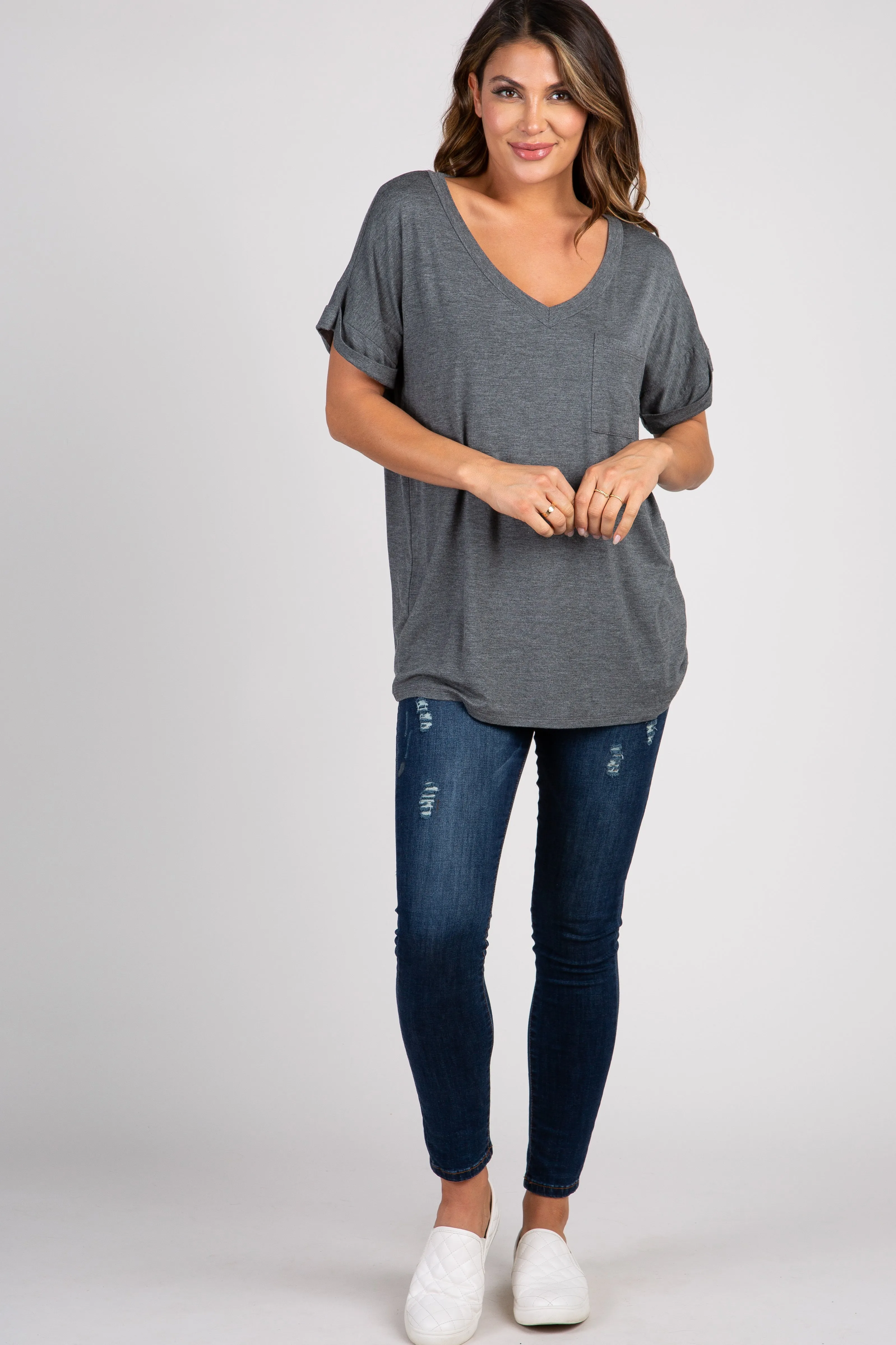 Charcoal V-Neck Pocket Accent Top