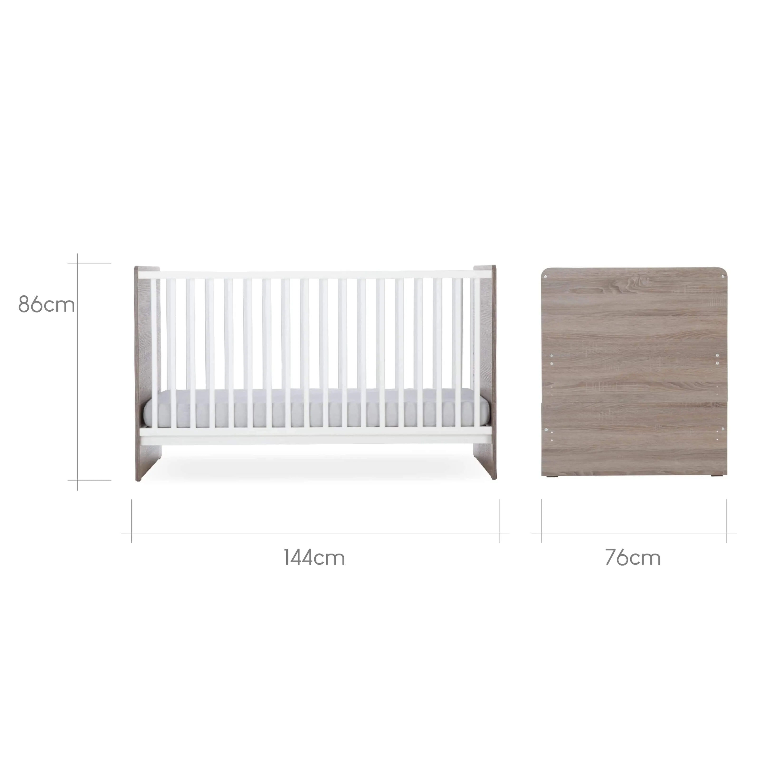 CuddleCo Enzo 2pc Set 3 Drawer Dresser and Cot Bed -Truffle Oak/White