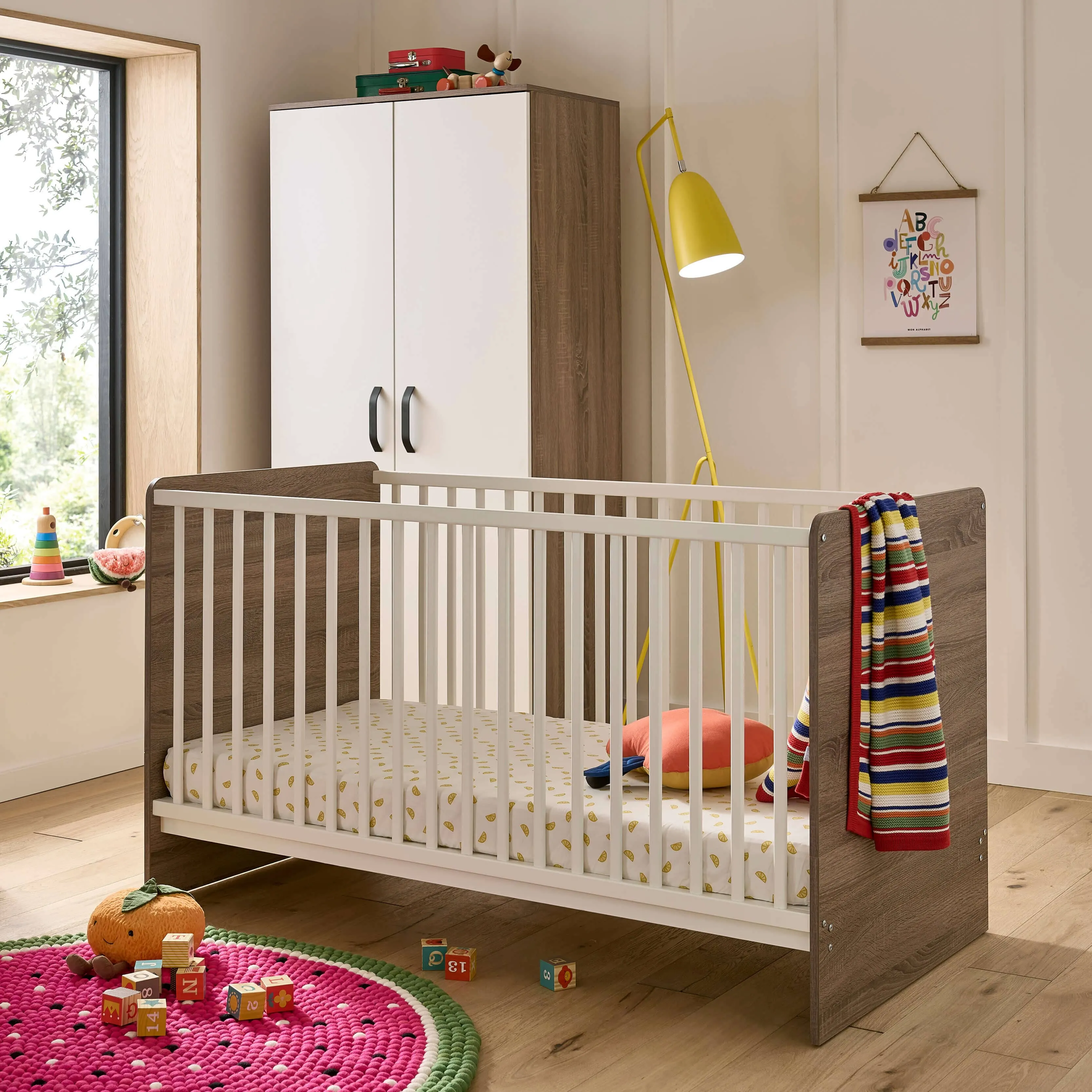 CuddleCo Enzo 2pc Set 3 Drawer Dresser and Cot Bed -Truffle Oak/White