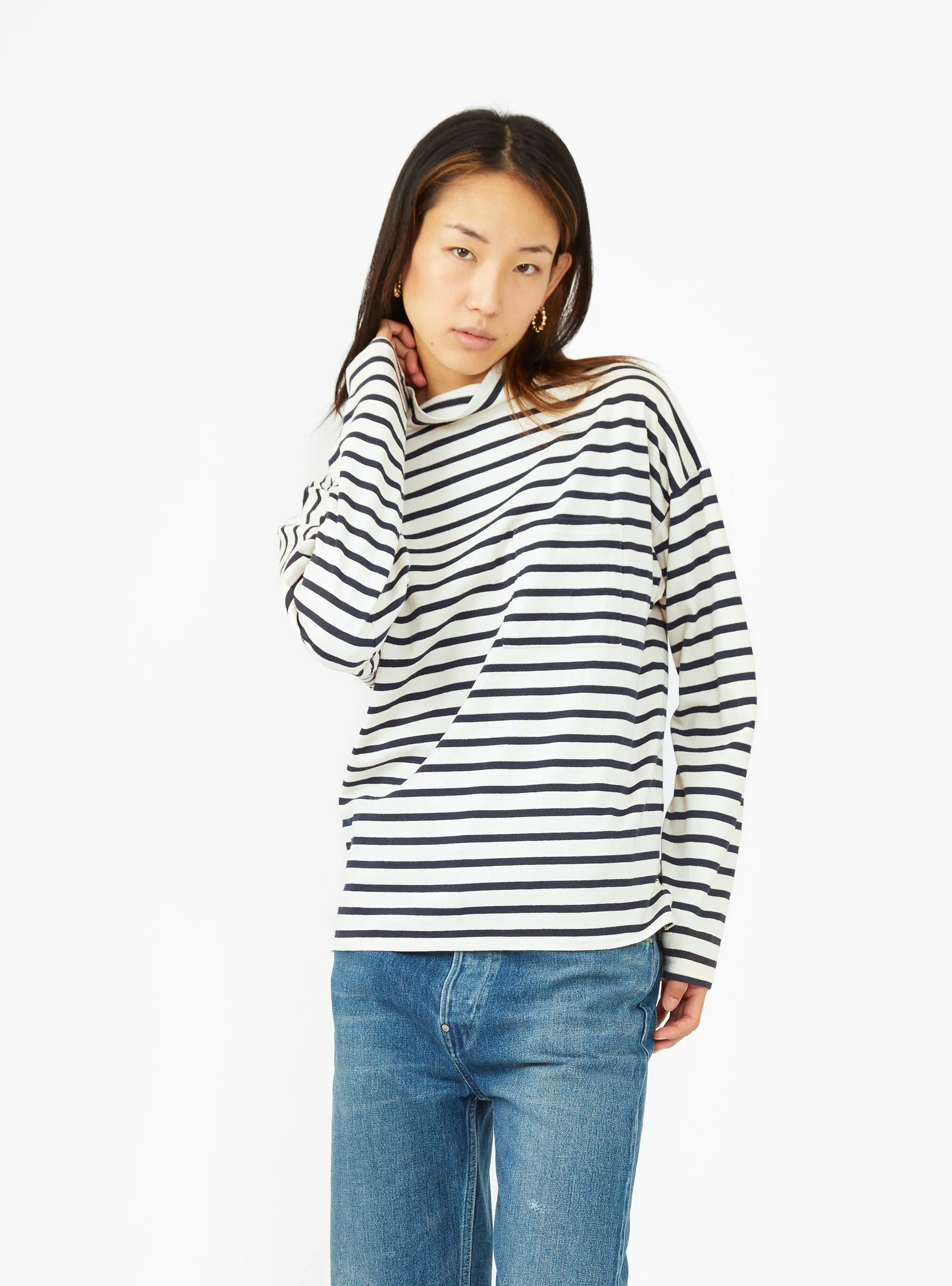 Gandhi High-Neck T-shirt Ecru & Navy Stripe