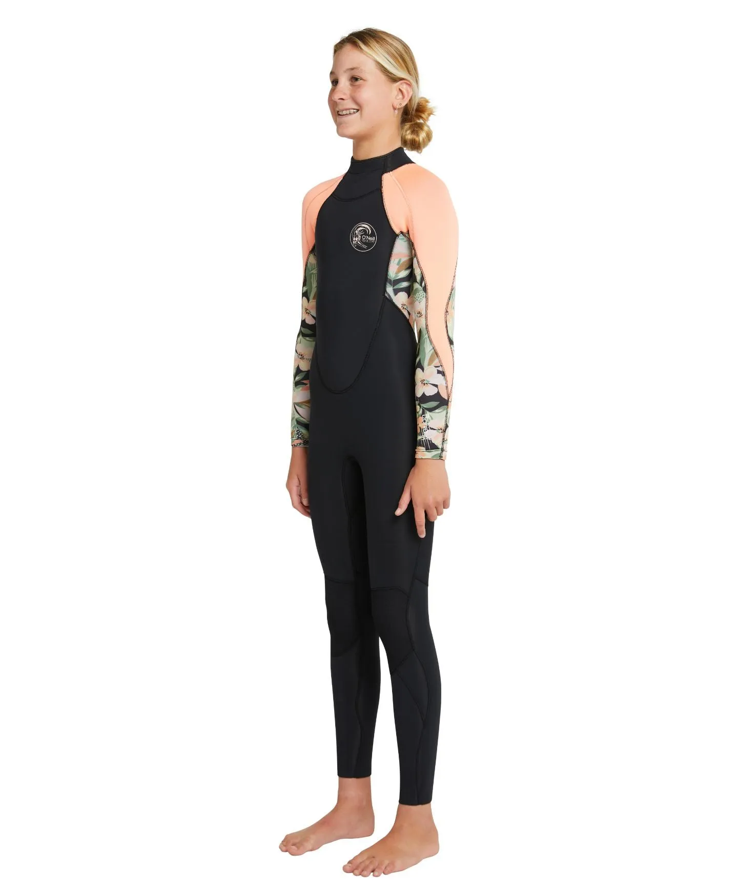 Girl's Bahia 4/3mm Steamer Back Zip Wetsuit - Black Wild Papaya