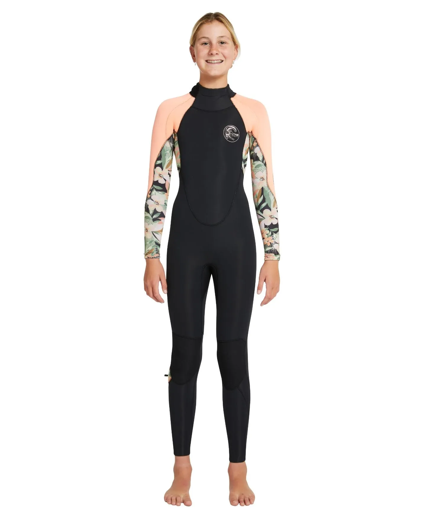 Girl's Bahia 4/3mm Steamer Back Zip Wetsuit - Black Wild Papaya