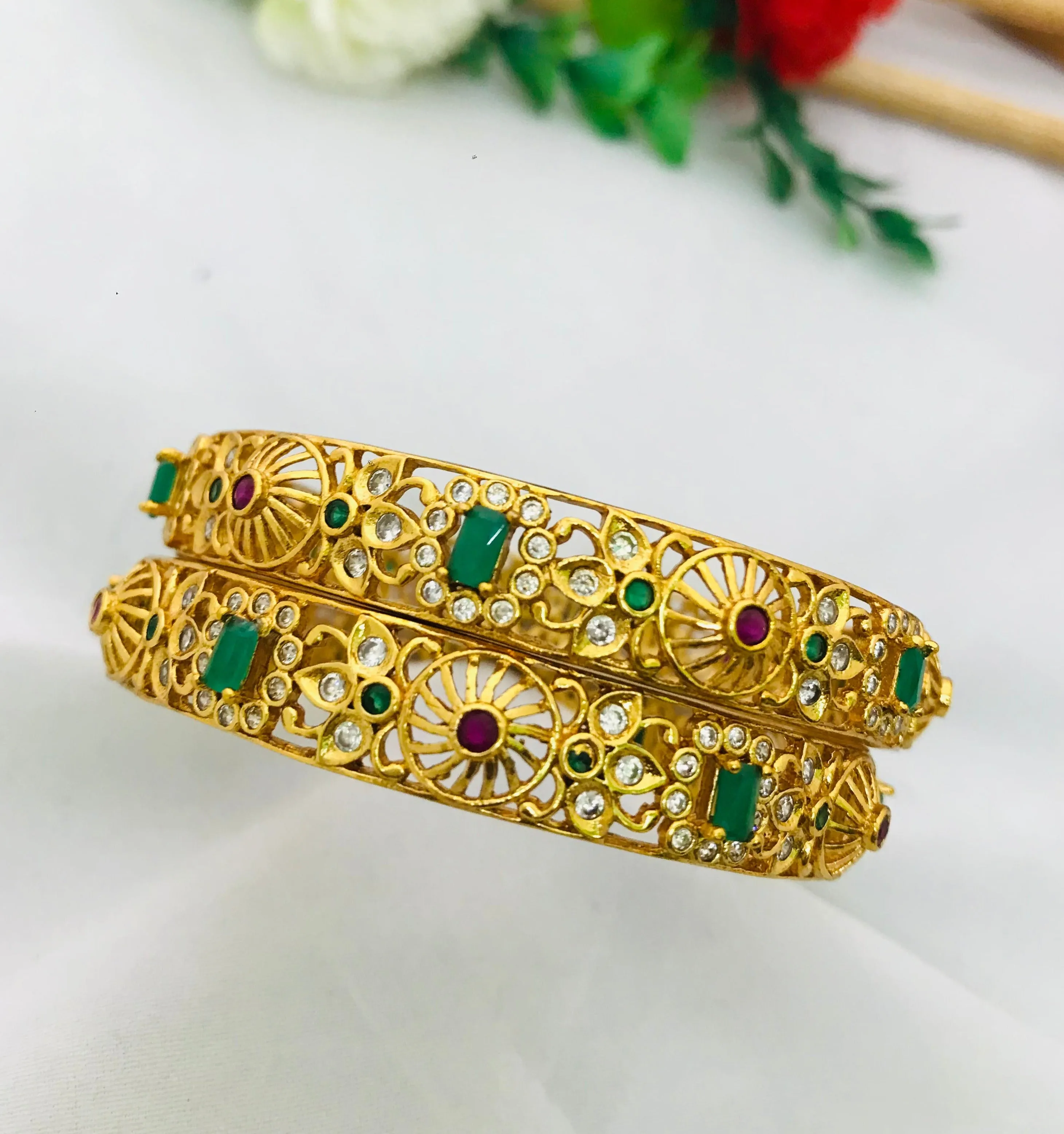 Gold Plated Bangles Set With Emerald And Ruby Natural Stones