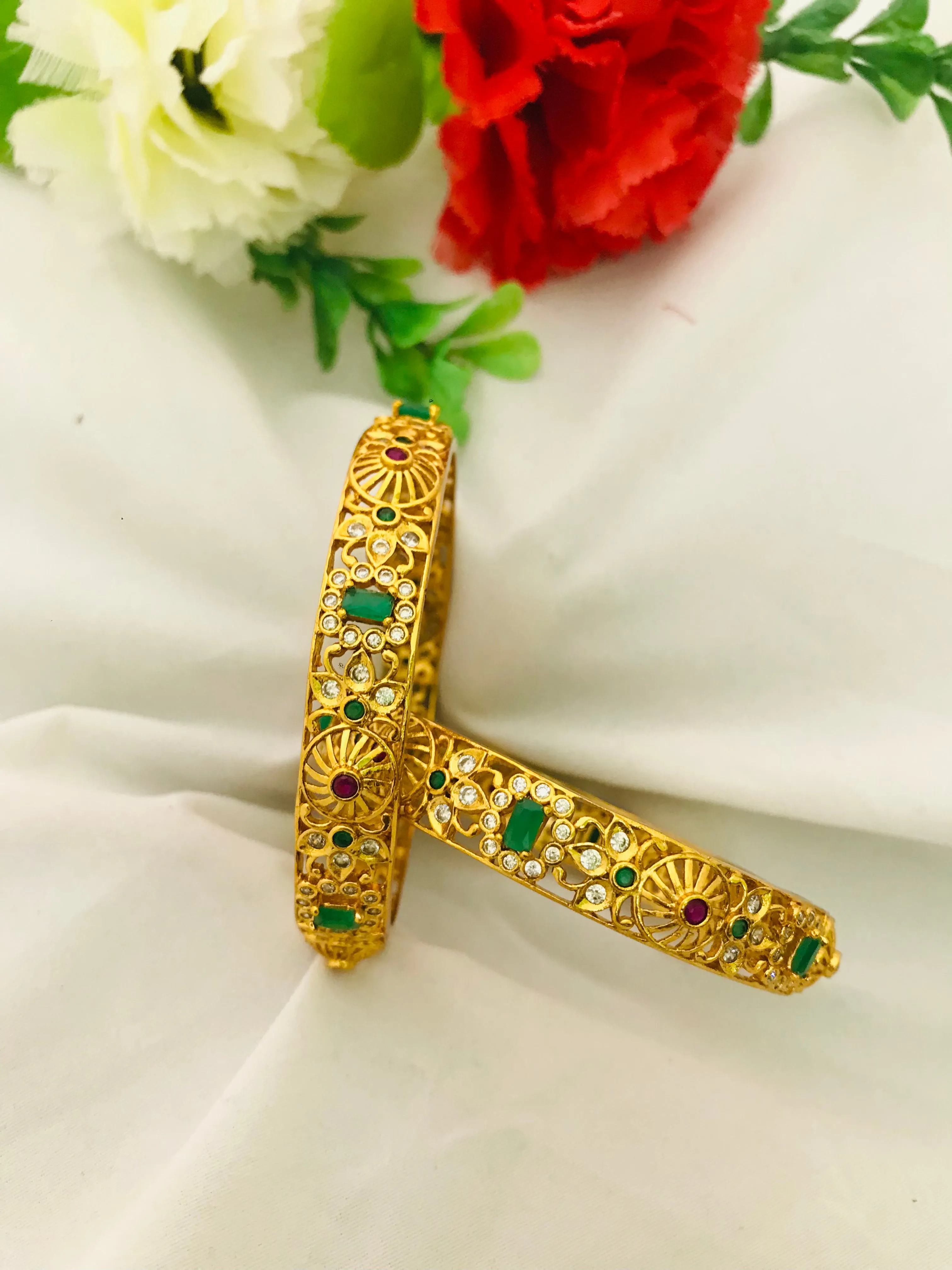 Gold Plated Bangles Set With Emerald And Ruby Natural Stones