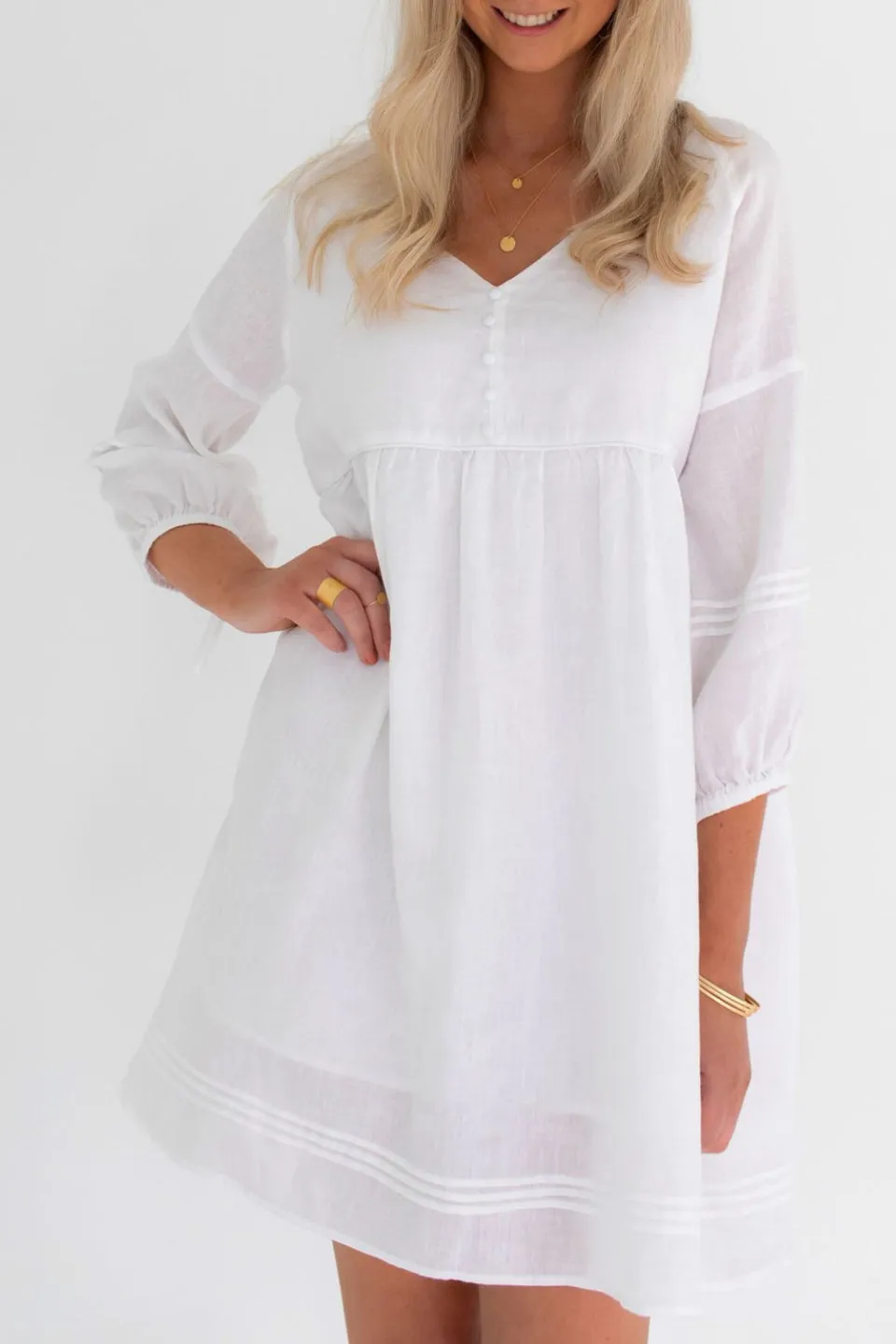 Jasmine LS Button Mini White Linen Dress