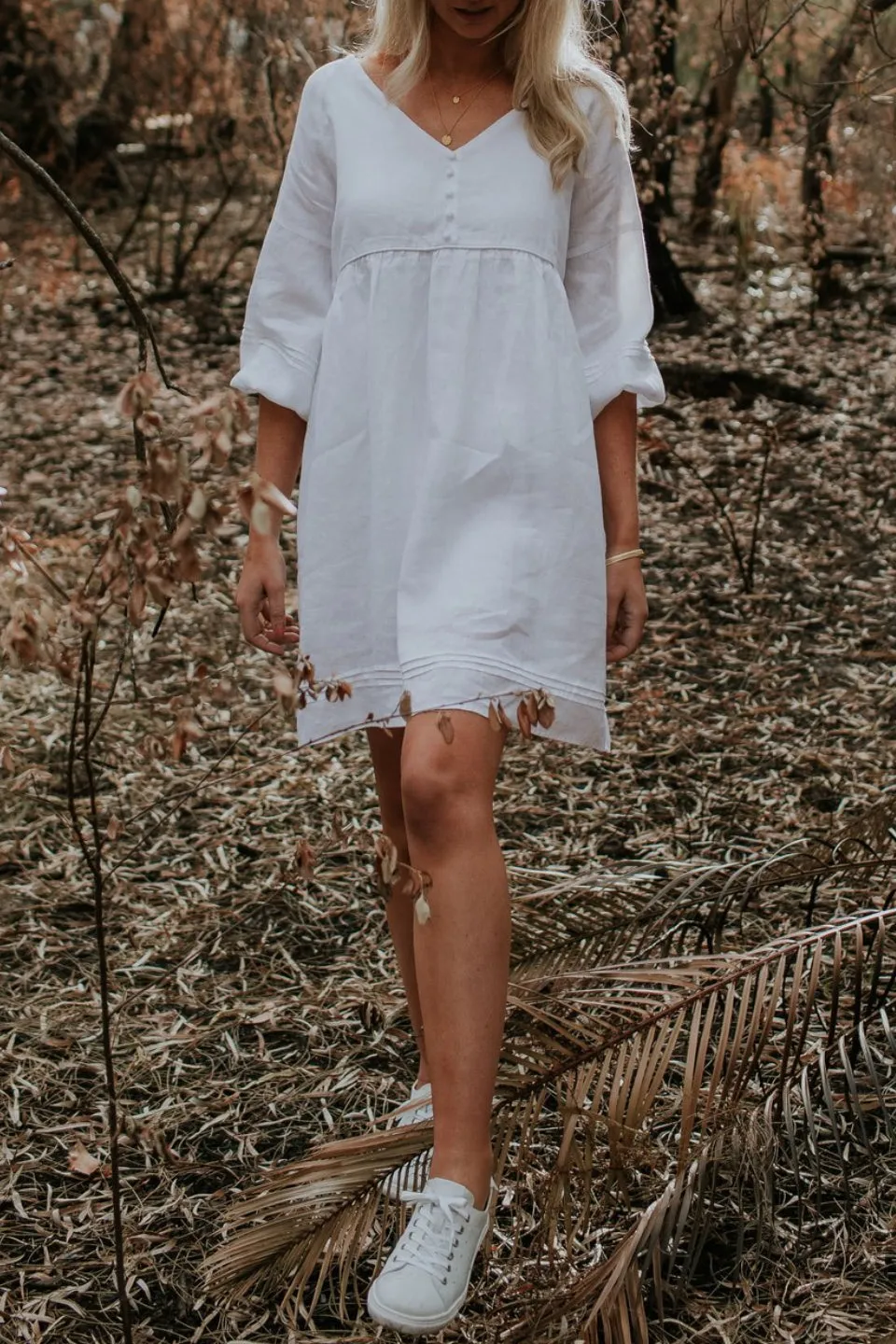 Jasmine LS Button Mini White Linen Dress