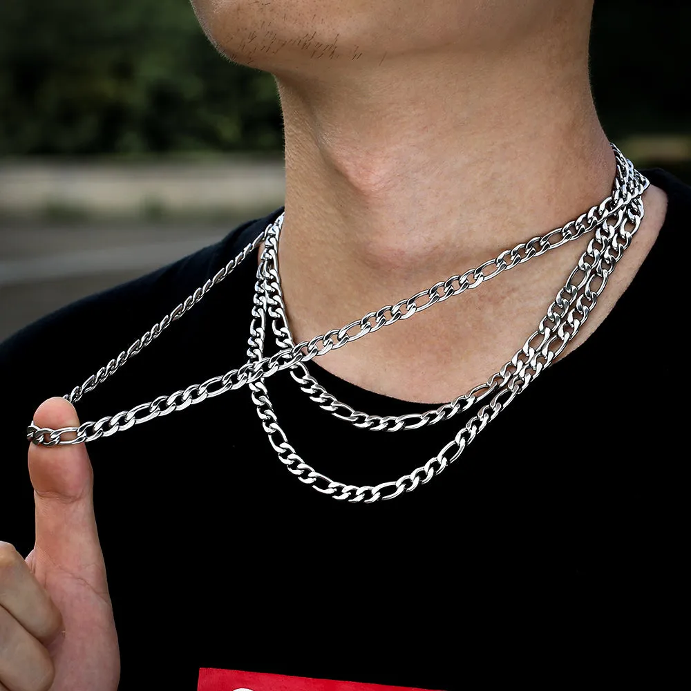 KRKC 7mm Stainless Steel Figaro Chain Set in White Gold