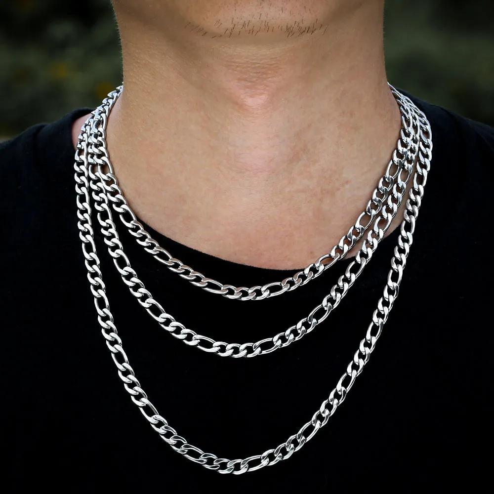 KRKC 7mm Stainless Steel Figaro Chain Set in White Gold