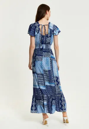 Liquorish Blue Tile Print Maxi Dress With Short Sleeves