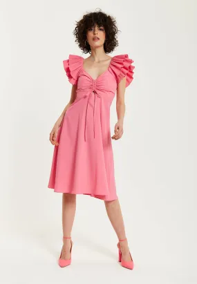 Liquorish Frill Sleeves Midi In Pink With Ruching Front