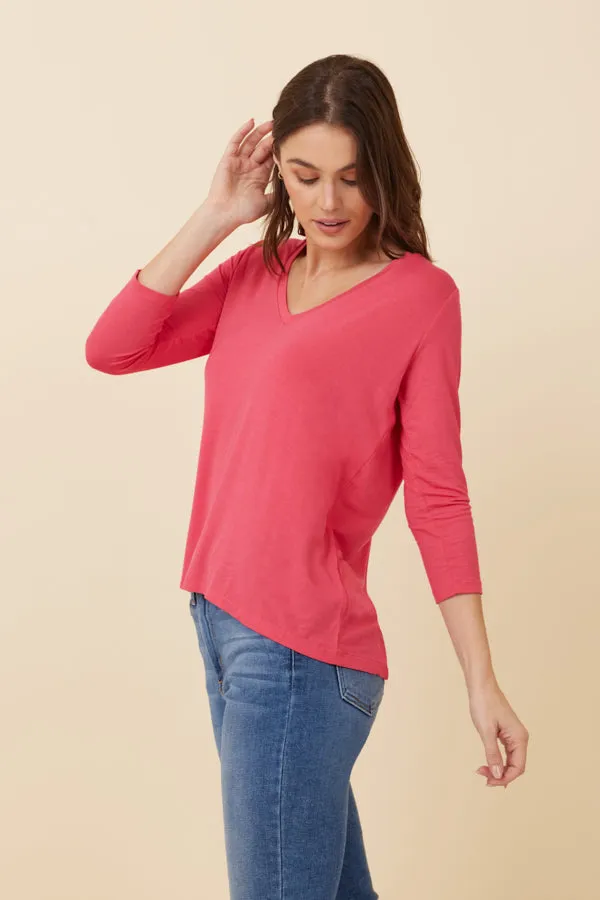 Majestic Soft Touch 3/4 Sleeve Pleat Back V-Neck in Fuschia