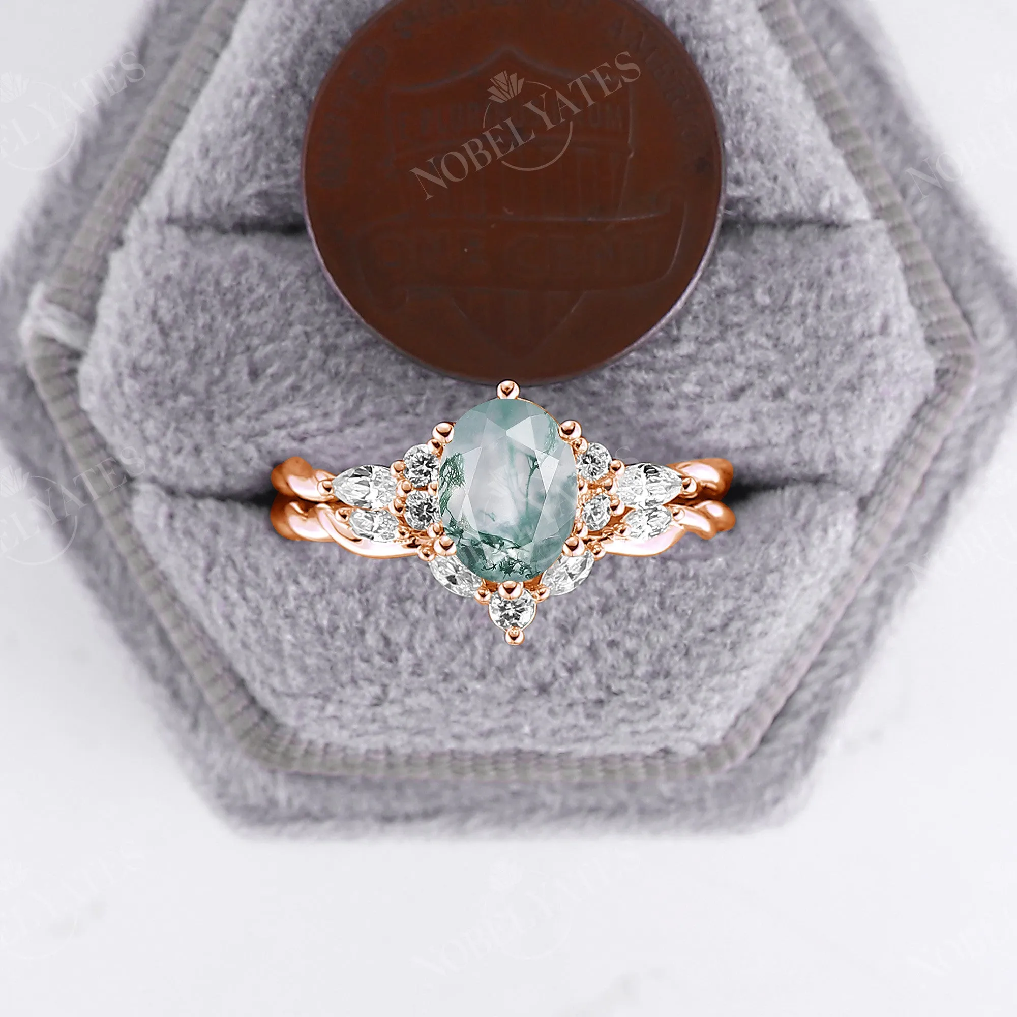 Oval Moss Agate Vintage Cluster & Twist Bridal Set Rose Gold