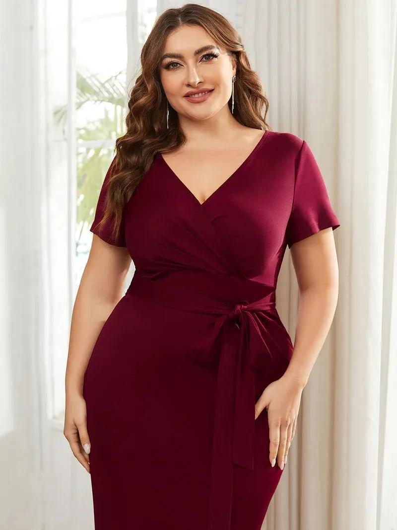 Plus Size Deep V Neck Short Sleeve Cocktail Dresses With Belt